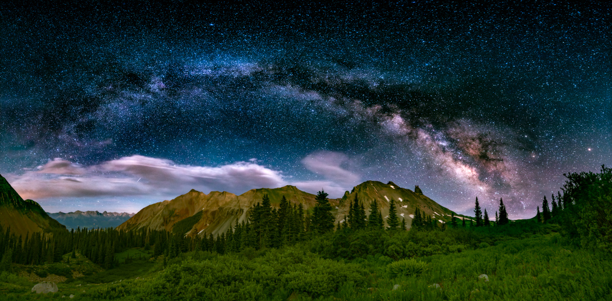 Milky Way panorama over Lizard Head Peak and Telluride