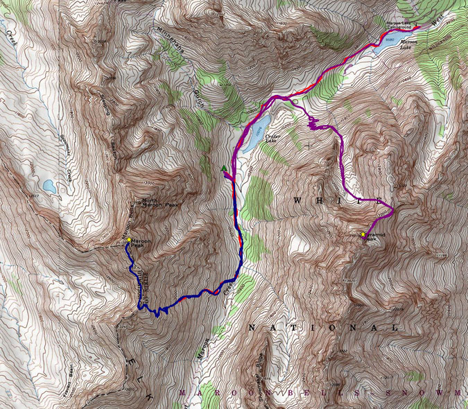 Maroon Bells and Pyramid route topo map