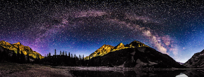 Milky Way Panoramic over Crater Lake and the Pyramid Peak massif